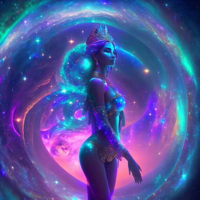 Stylized female figure with crown in cosmic-themed attire against vibrant space nebula.