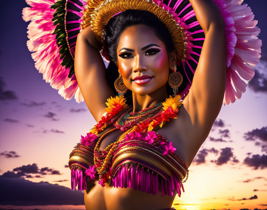 Woman in Hawaiian attire with floral headpiece and lei against sunset sky