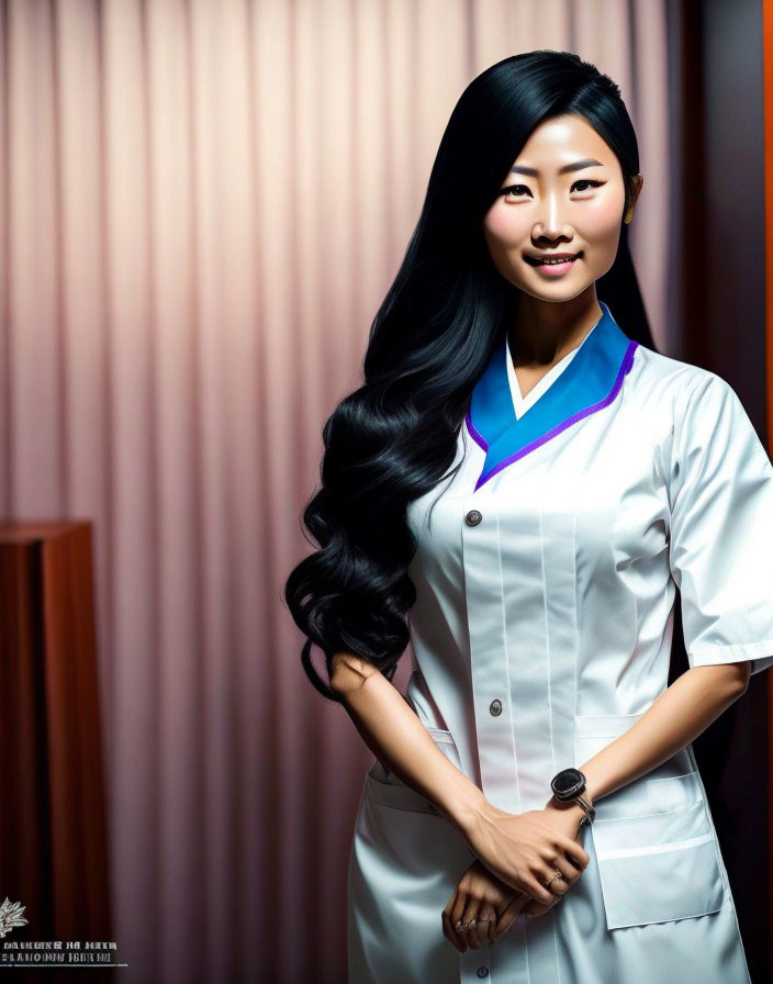 Long-haired woman in white lab coat against pink curtain.