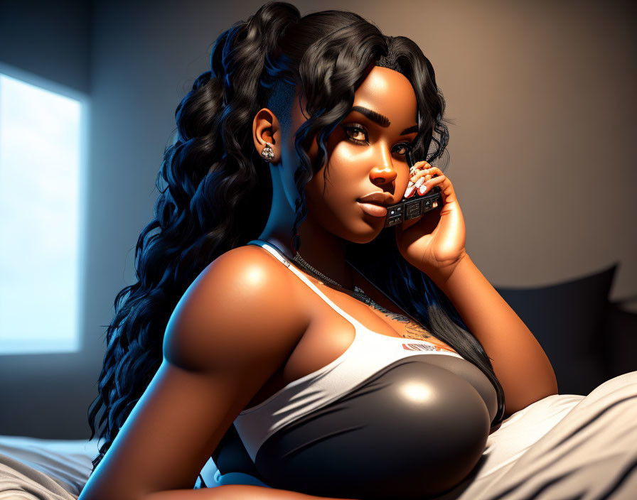 Digital artwork: Dark-haired woman in braids, tank top, sitting on bed with remote control