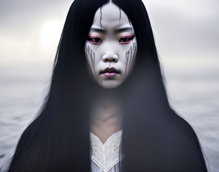 Long black hair and red streaked eye makeup portrait.