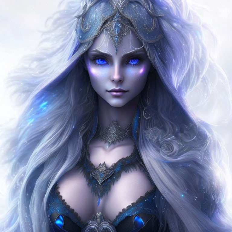 Fantasy illustration of woman with glowing blue eyes and silver armor