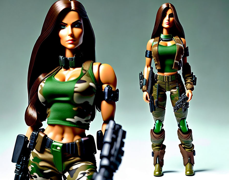 Female character action figures with long brown hair, camo pants, green tank top, combat boots,