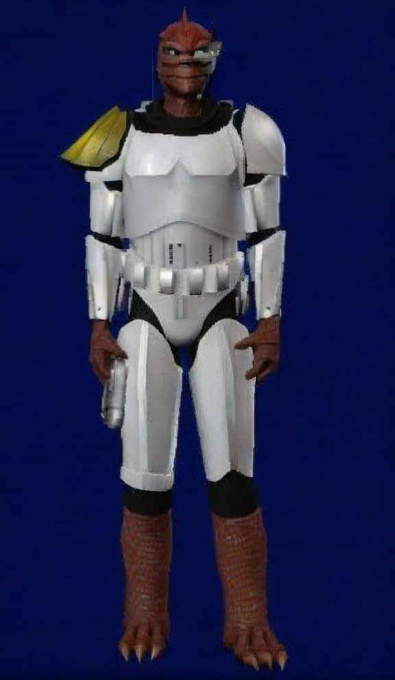 Futuristic soldier character in white armor with yellow shoulder pad and red visor