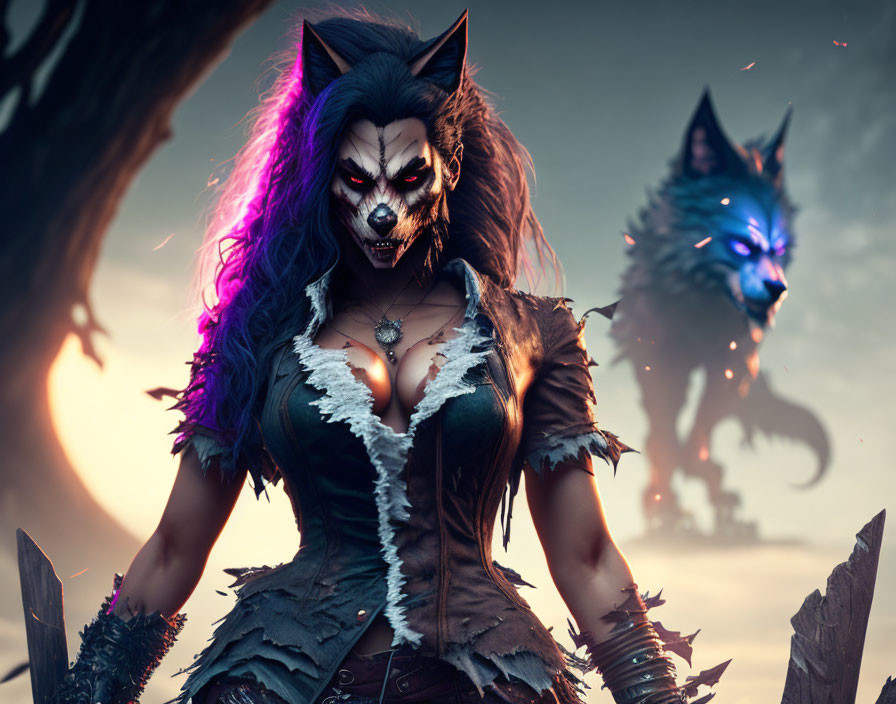 Female werewolf with purple eyes and wolf companion in dusk setting