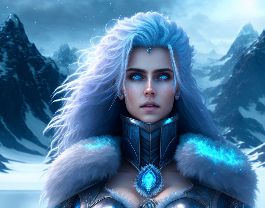 Fantasy female warrior with glowing blue eyes and hair in snowy mountain landscape