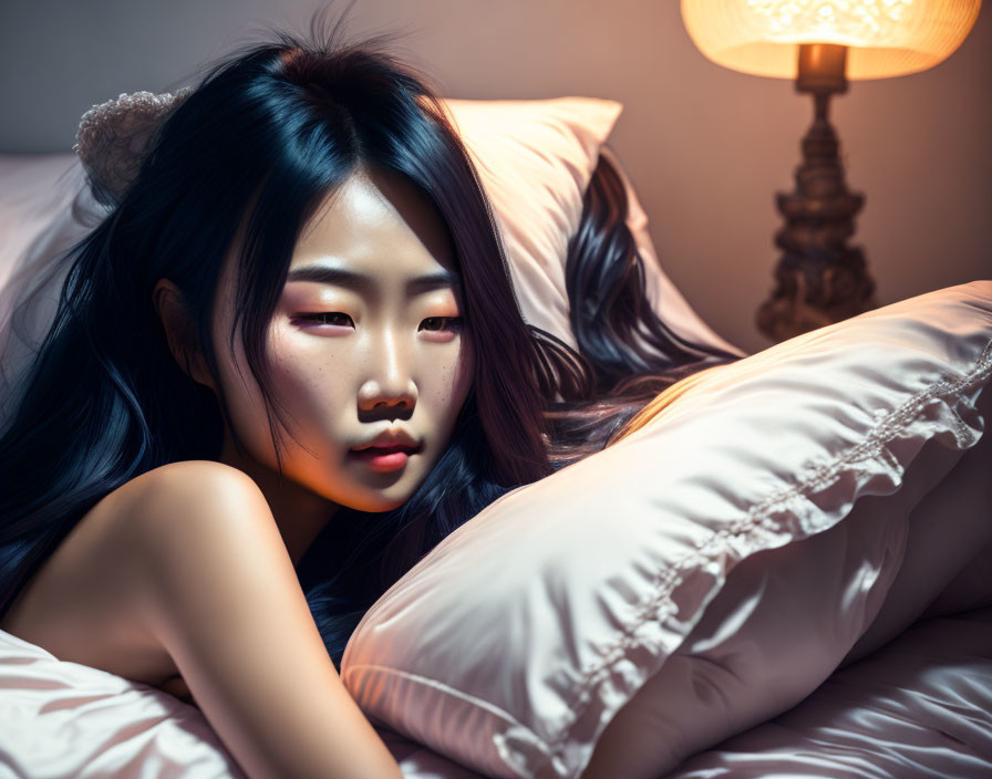 Pensive woman with tiara on bed under warm lamp