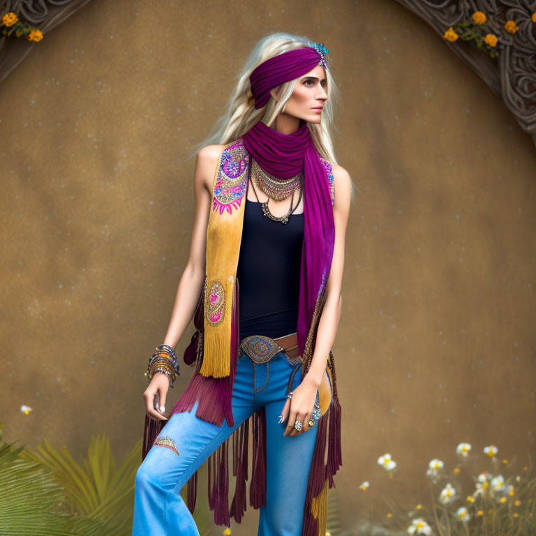 Stylish woman with purple hair in bohemian outfit and colorful vest