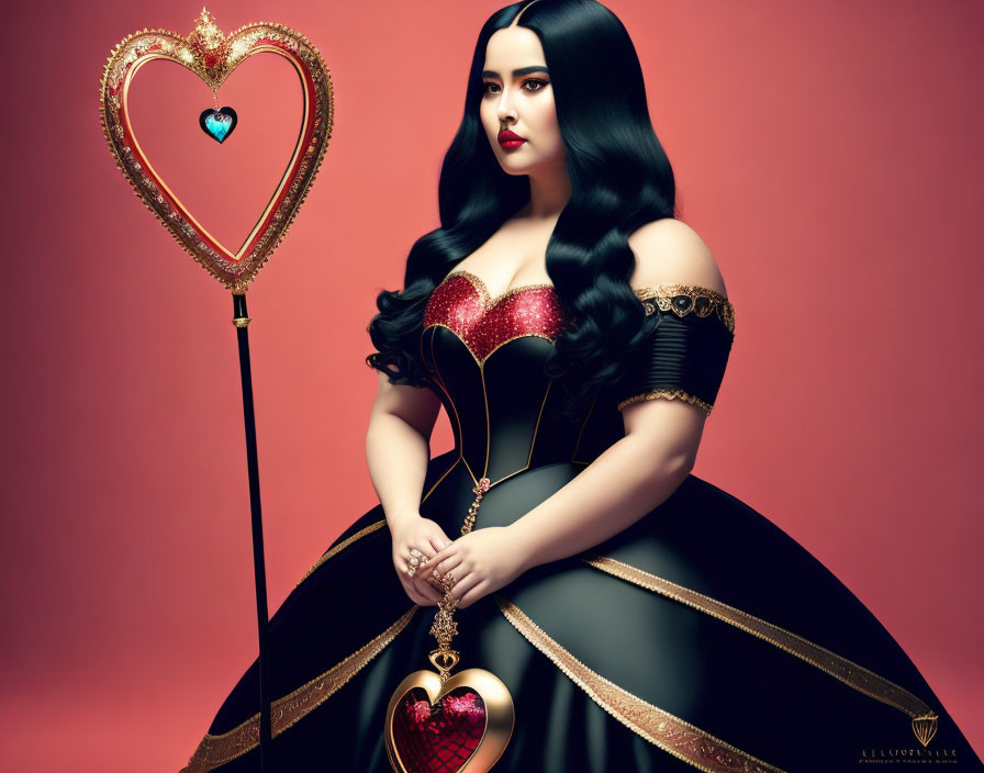 Woman in Queen of Hearts Costume with Scepter on Red Background