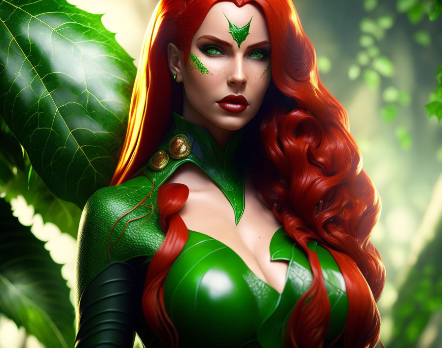 Red-Haired Woman in Green Costume with Gem in Forehead Amidst Lush Foliage