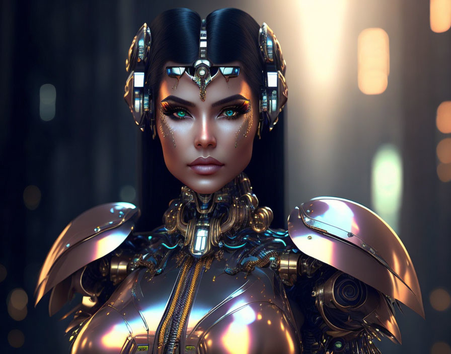 Detailed Armor and Glowing Elements on Female Android in Futuristic Setting