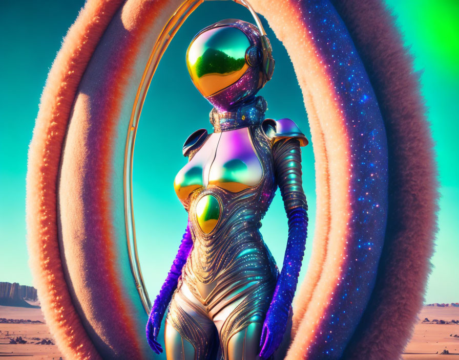 Reflective female robot by oval portal in futuristic desert scene