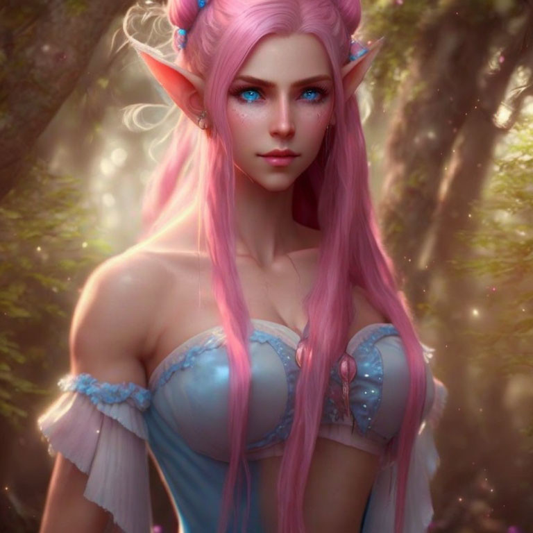 Pink-Haired Elf with Blue Eyes in Forest Setting