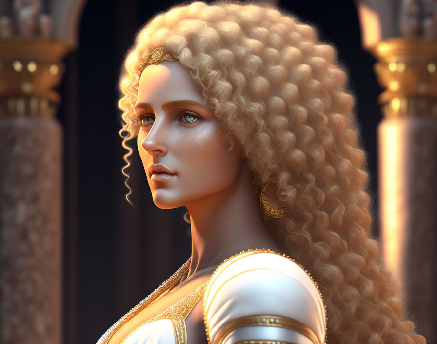 Digital artwork of woman with curly hair in golden armor