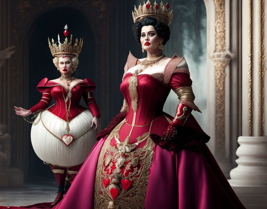 Two women in regal costumes and crowns in opulent room.