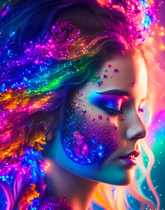 Colorful Woman with Cosmic Makeup and Hair Stars and Nebulas