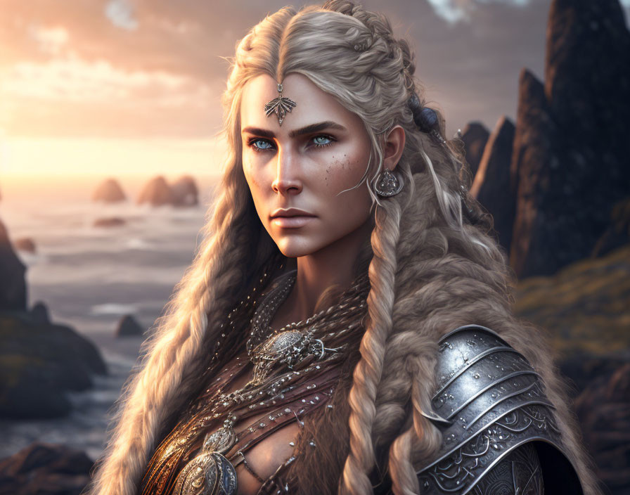 Fantasy female warrior with braided hair in ornate armor by coastal sunset