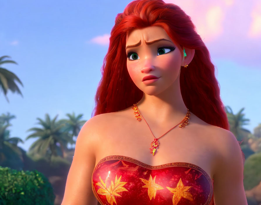 Red-haired animated female character in red top with star patterns and green earrings, appearing concerned in tropical setting