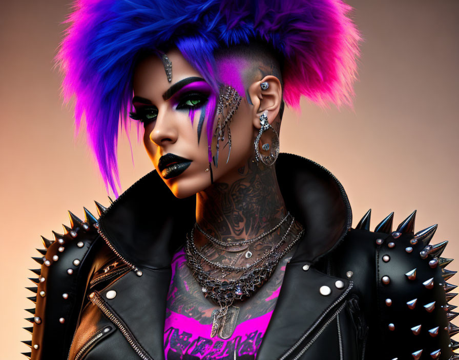 Vibrant 3D render of punk figure with blue and purple hair, piercings,