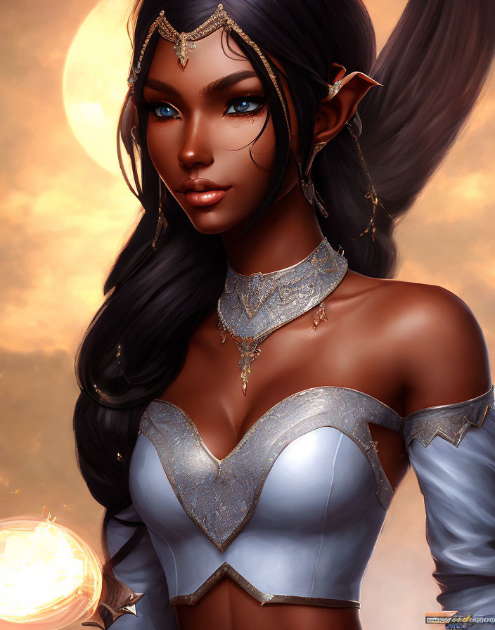 Blue-skinned elf woman in silver armor against warm backdrop