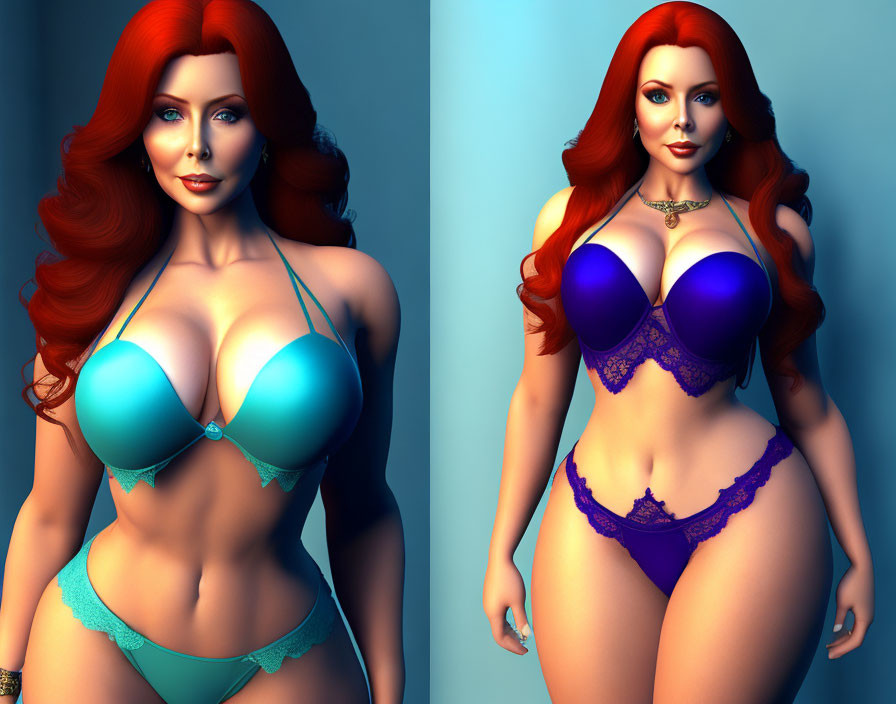 Red-haired woman in blue and purple lingerie sets on blue background