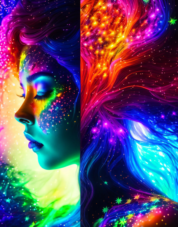 Colorful portrait of a woman merging with cosmic backdrop in neon hues.