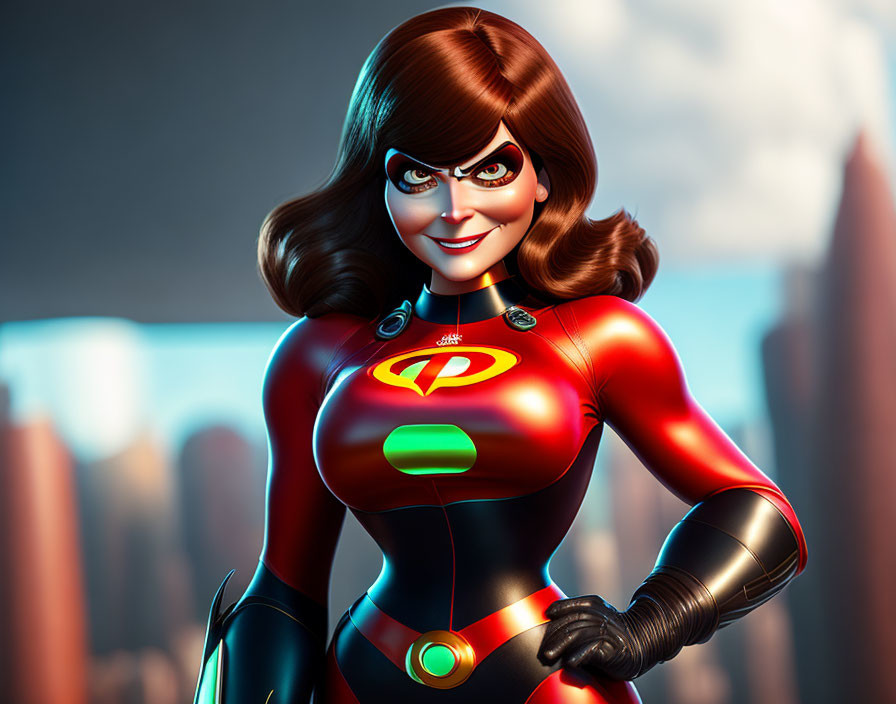 Smiling female superhero with short hair in red suit against cityscape