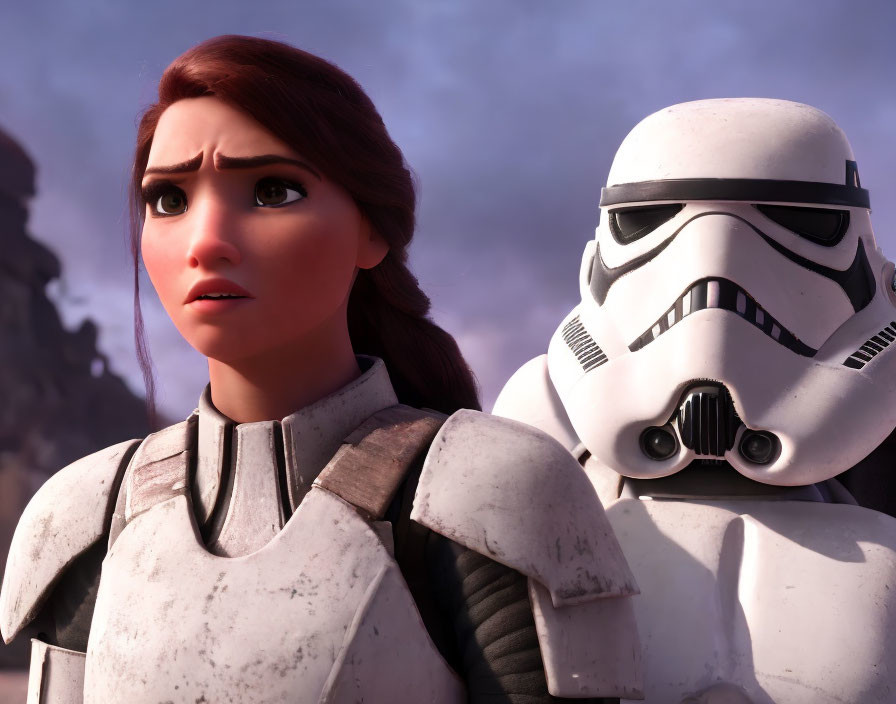 Animated Female Character with Stormtrooper in Dusky Sky