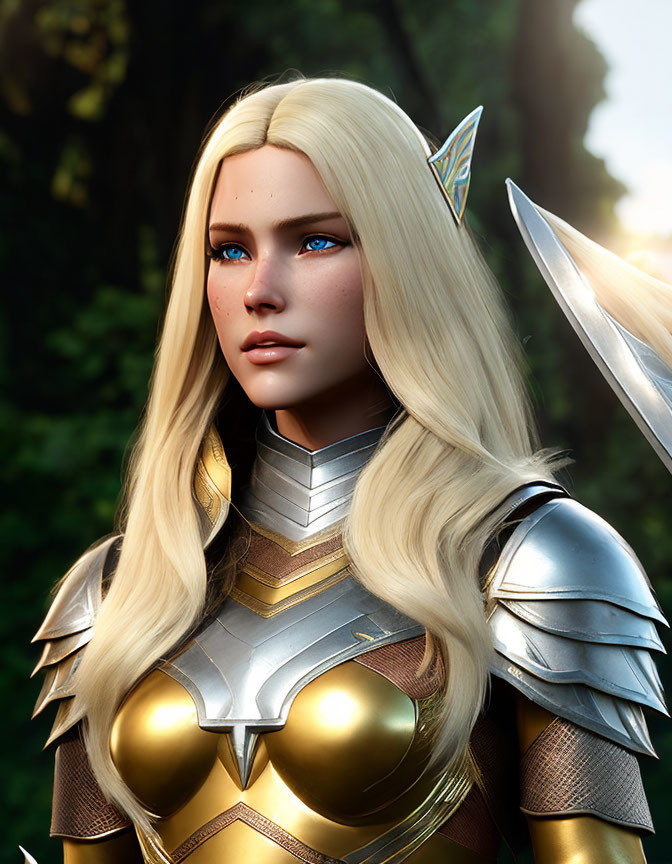 Blonde Elf in Silver and Gold Armor in Sunlit Forest