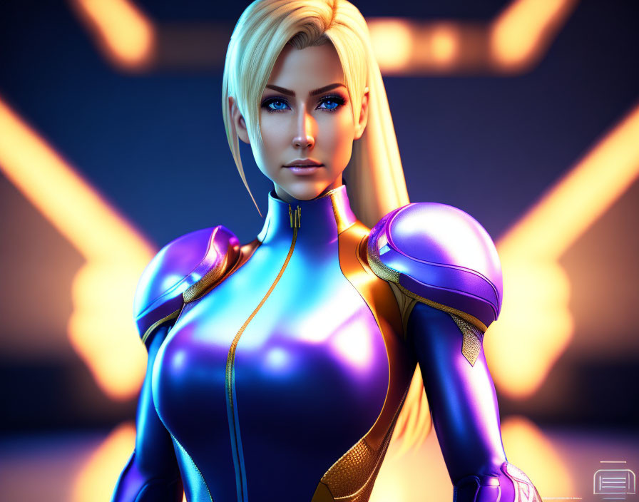 Digital artwork: Female character with short blonde hair in futuristic blue suit with purple highlights and shoulder armor