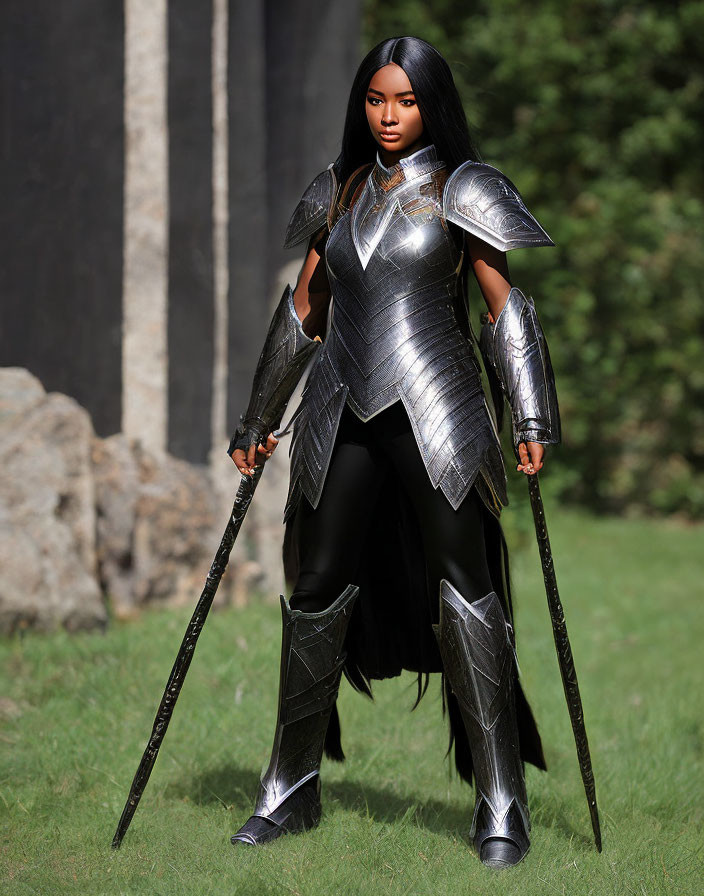 Female warrior in silver armor with swords in grassy landscape.