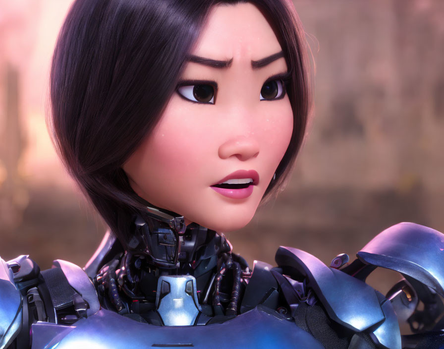 Animated female character in futuristic armor with determined expression on pink blurry background