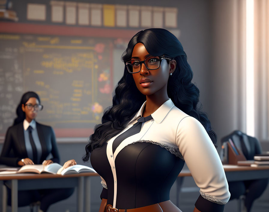 Confident woman with glasses in classroom setting, another figure seated.