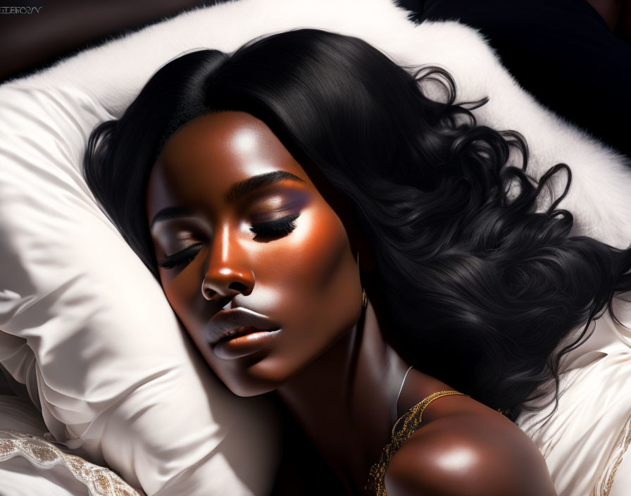 Dark-skinned woman with flowing black hair in a serene pose under soft lighting