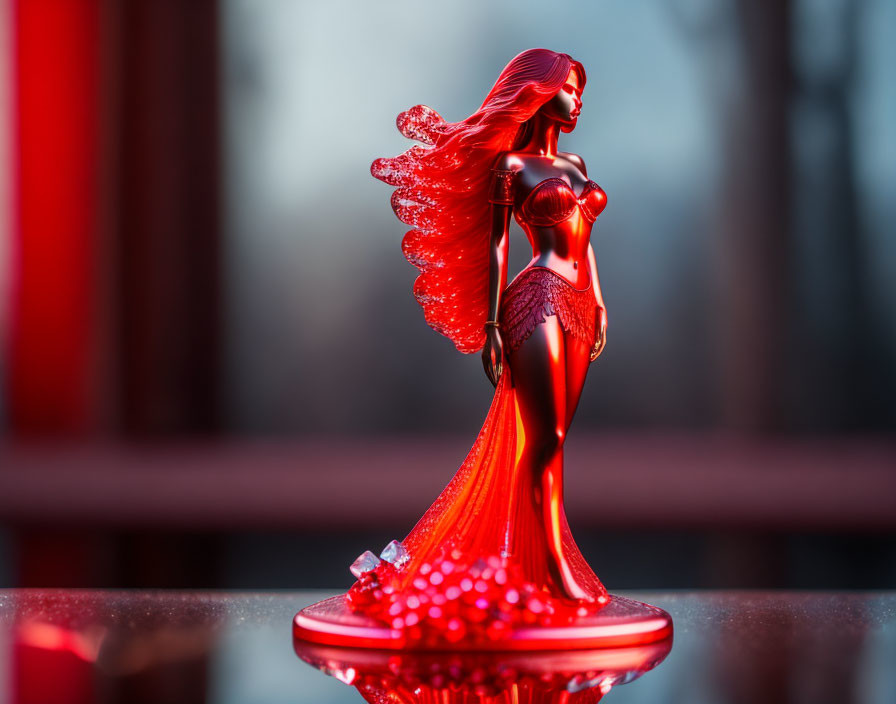 Red female figurine in elegant gown on blurred red background