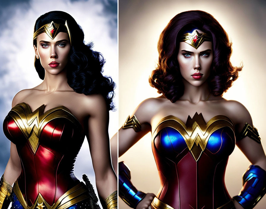 Artistic Portrayals of Wonder Woman in Red, Gold, and Blue Costume with Tiara