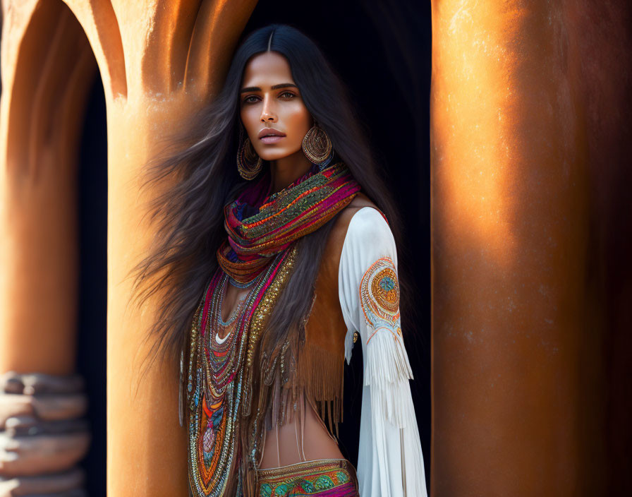 Woman with Dark Hair Poses in White Outfit Among Rust-Colored Columns