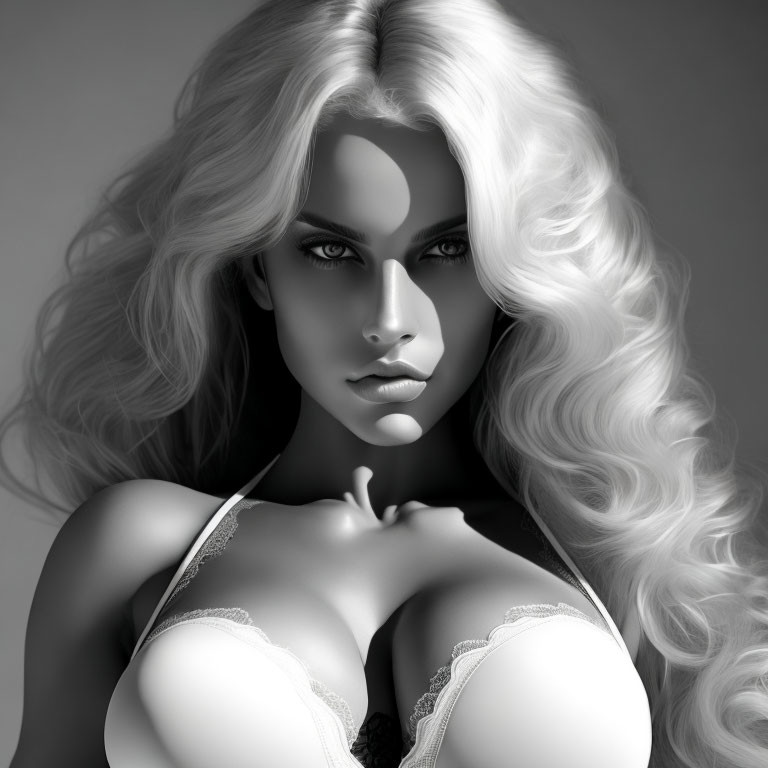 Monochrome image: stylized woman with wavy hair and intense gaze