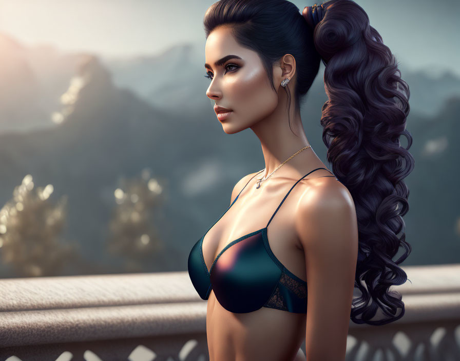 Woman with Elaborate Hairstyle in Dark Top Against Mountainous Backdrop