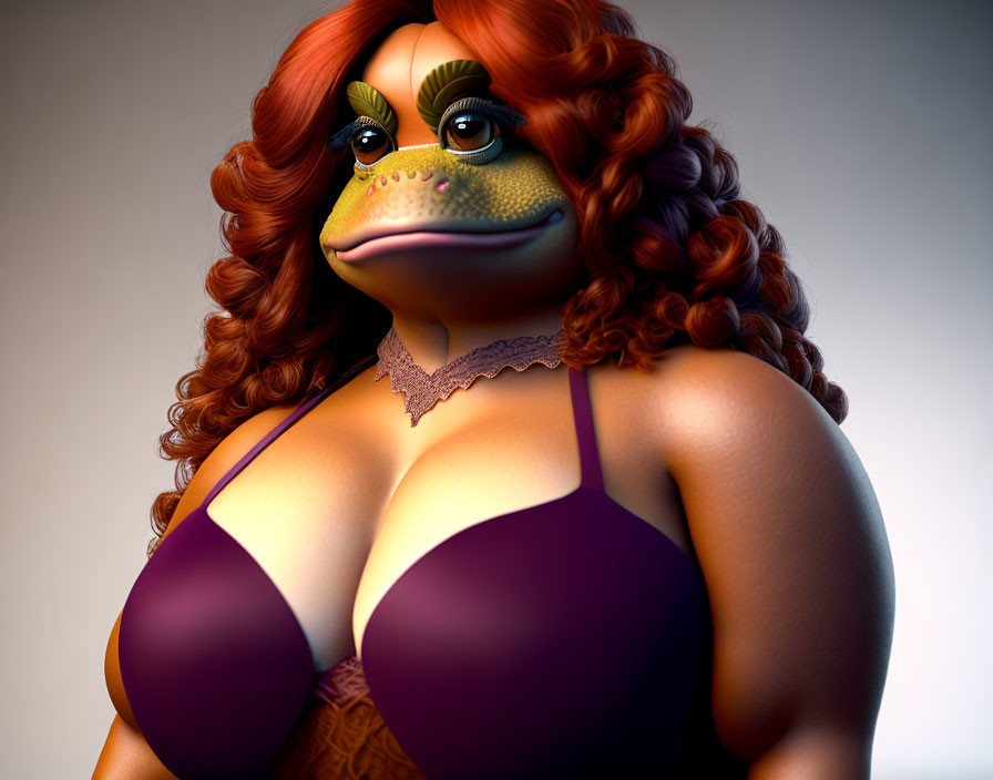 Anthropomorphic female frog with red hair in purple garment on gradient background