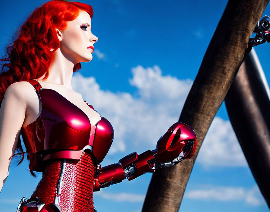 Red-haired female android in futuristic armor under blue sky with extended robotic arm