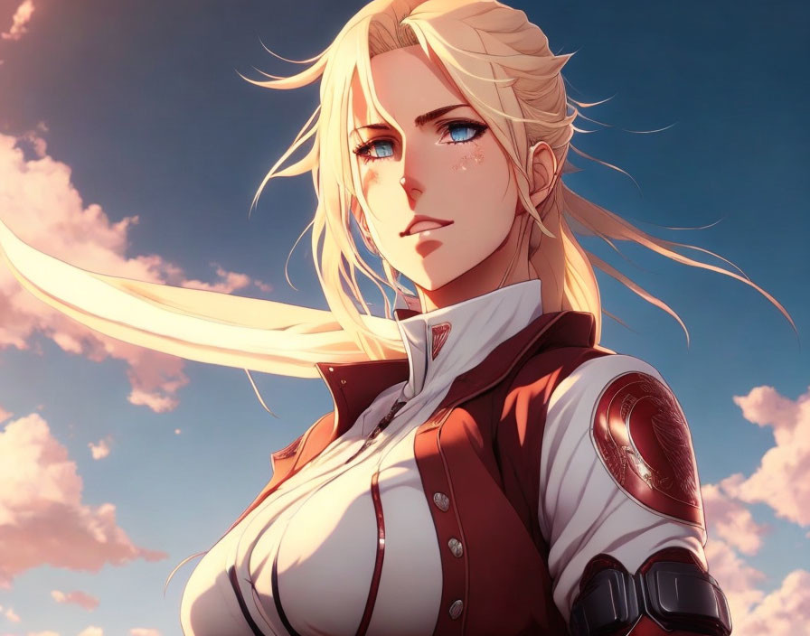 Blonde animated character with blue eyes in white and red outfit under cloudy sky