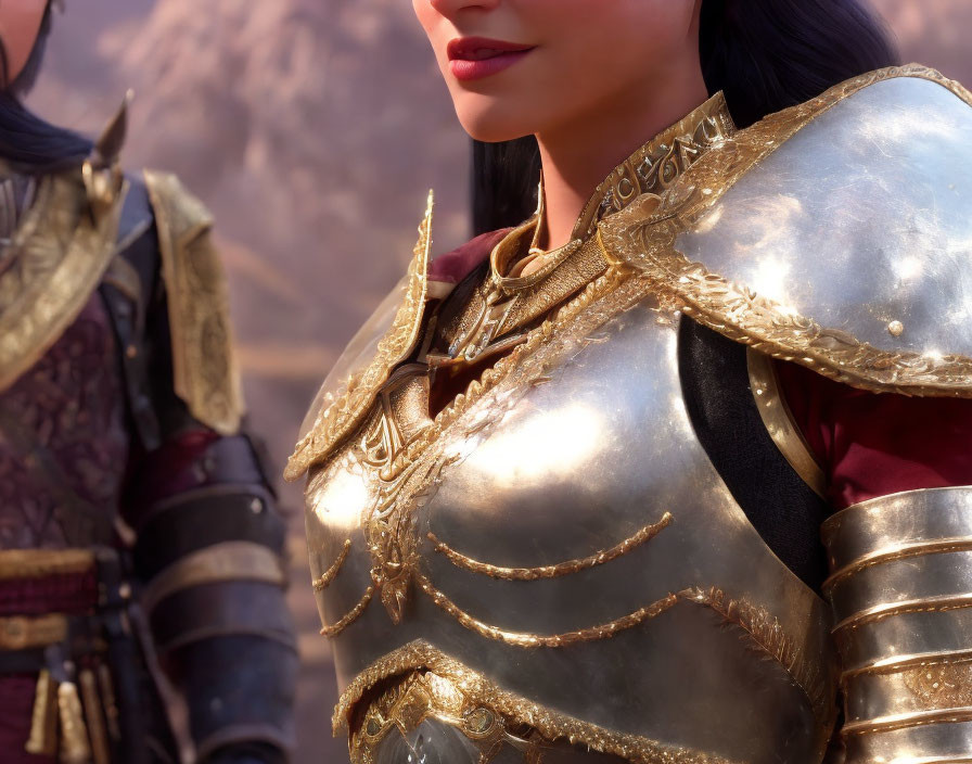 Close-up of animated female warrior in golden armor with red accents and background warrior.