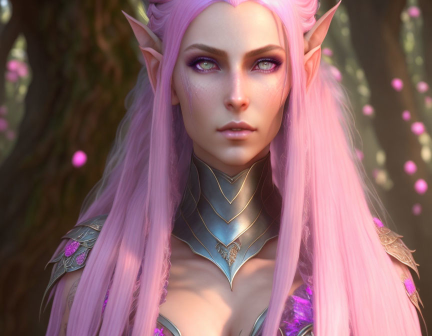 Fantasy elf digital art: sharp ears, pink hair, violet eyes, forest backdrop.