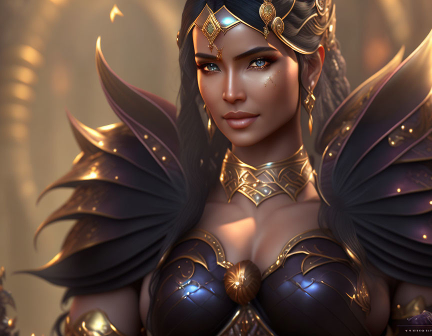 Detailed Fantasy Warrior Woman Portrait with Golden Armor and Blue Eyes