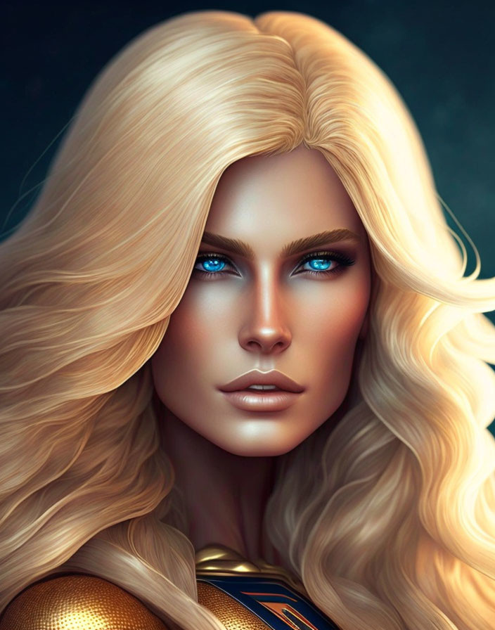 Blonde woman with blue eyes in superhero costume artwork