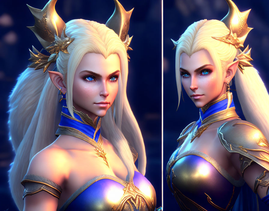 Fantasy elf digital art: blonde hair, blue eyes, golden armor, horned helmet, mystical