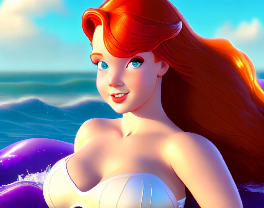 Red-haired mermaid in seashell bikini smiling by the ocean