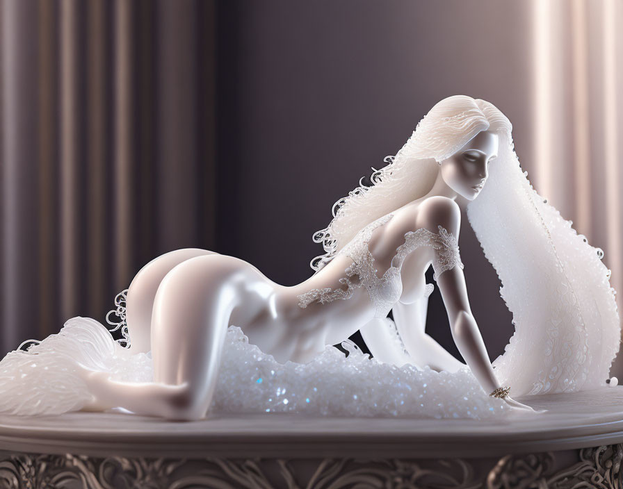 Ethereal white bride with long embellished train in 3D render