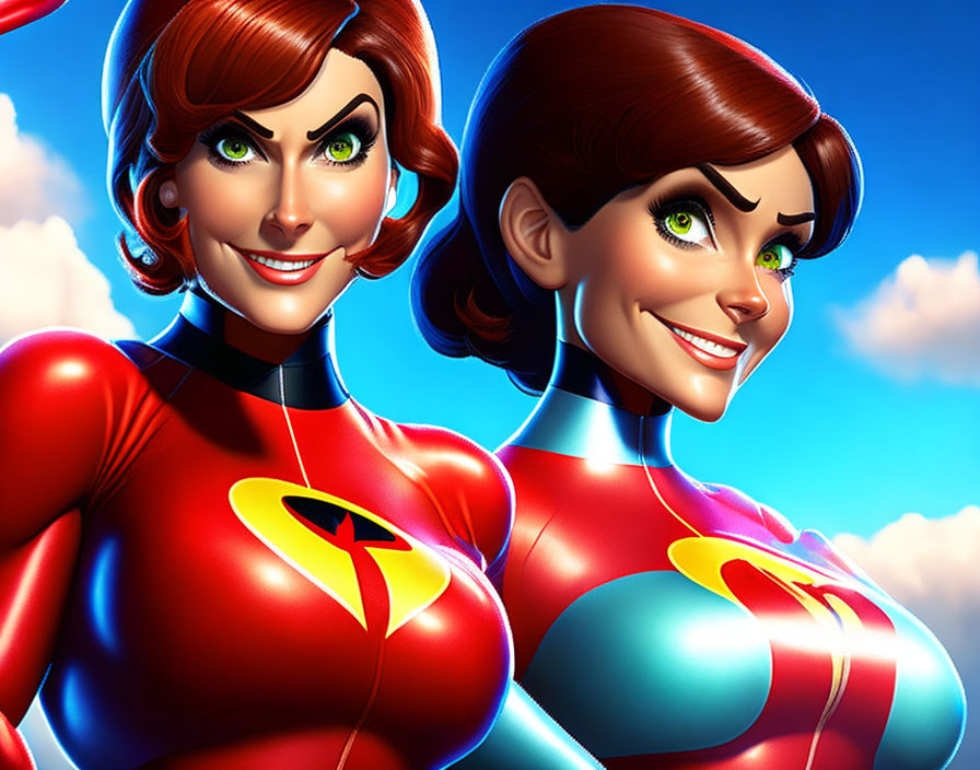 Two superheroines in red suits with matching emblems, smiling confidently under blue sky.